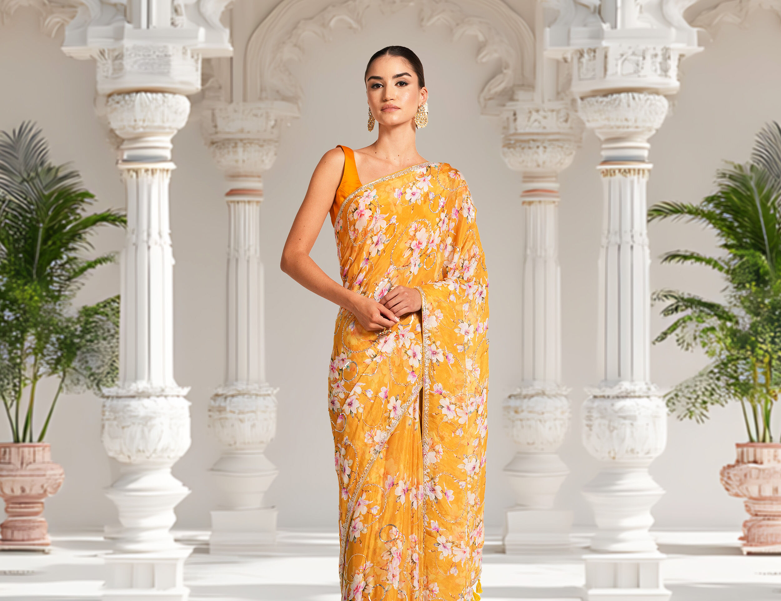 Woman wearing a floral saree